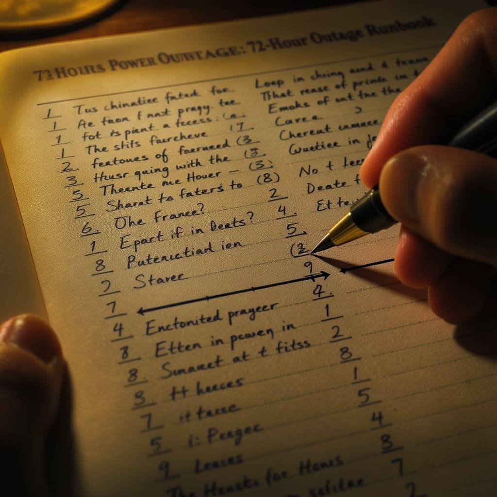 Close-up of the 72-Hour Power Outage Runbook — a hand ticking a water-storage checkbox on the water preparedness surface.