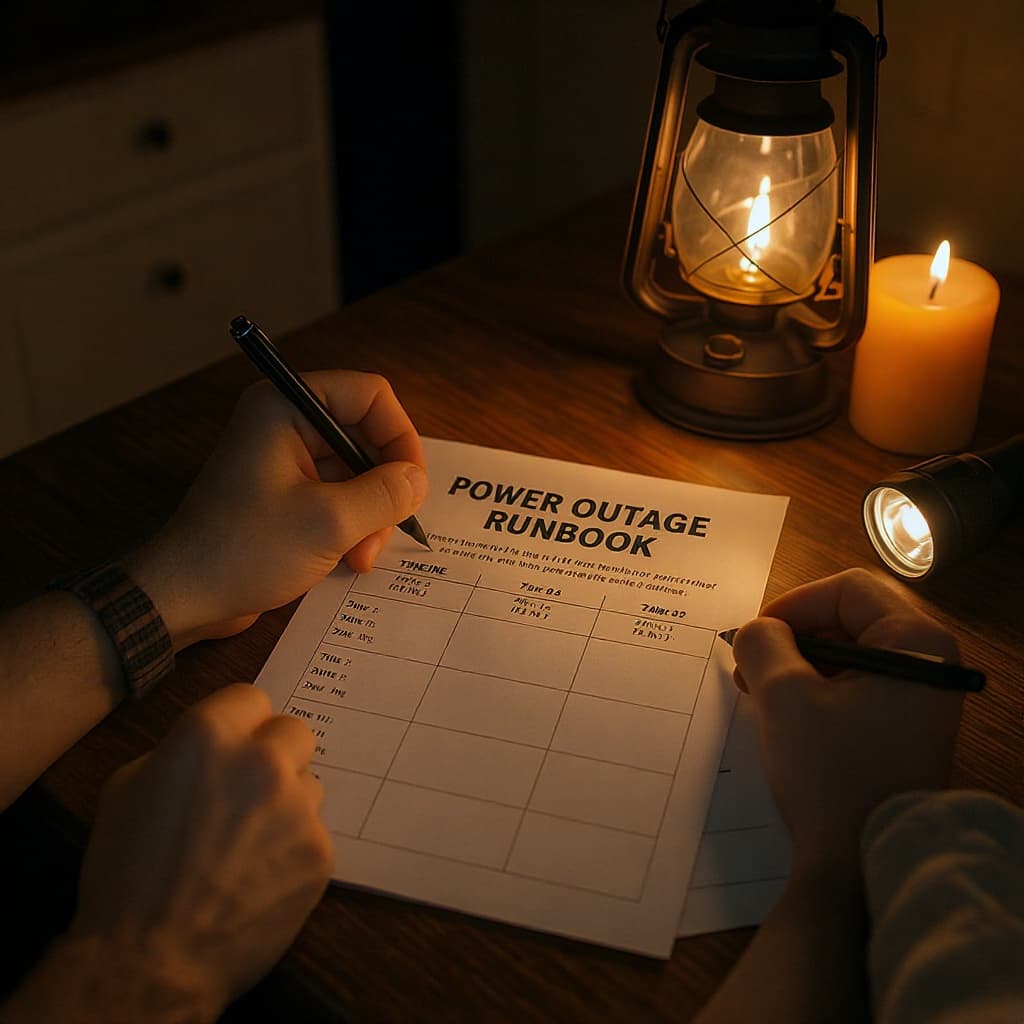 72-Hour Power Outage Runbook laid out on the kitchen counter beside a lantern and water jugs — the nine preparedness surfaces staged before a grid-down day.