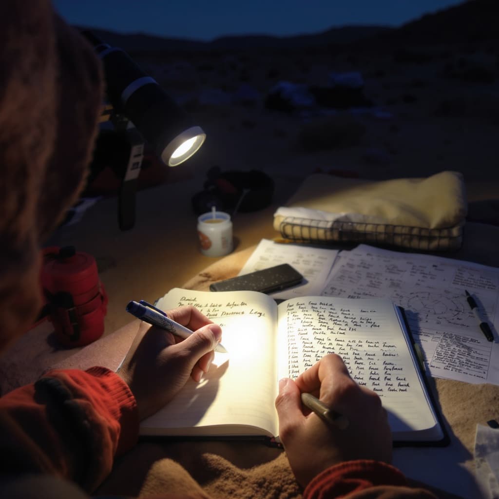 Desert Stargazer's Journal open on a folding camp table under a dark sky — celestial observation pages ready to log the night.