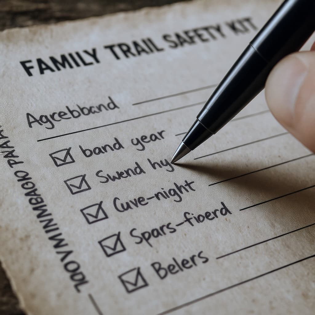 Close-up of the Family Trail Safety Kit — a hand ticking a when-to-turn-around checkbox next to a water-crossing tips list.