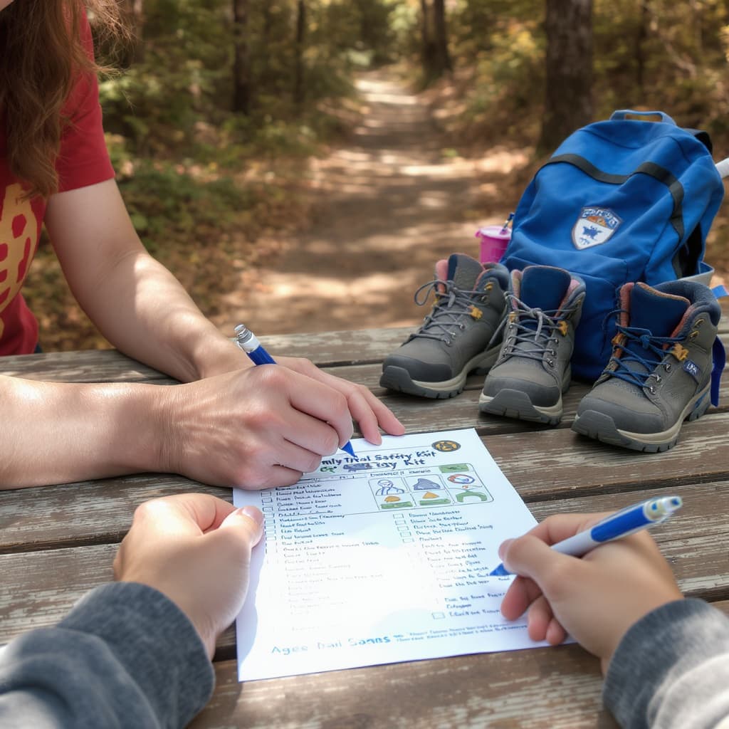 Family Trail Safety Kit spread on a trailhead log — creek-crossing tips and gear lists ready before a backcountry hike with kids.