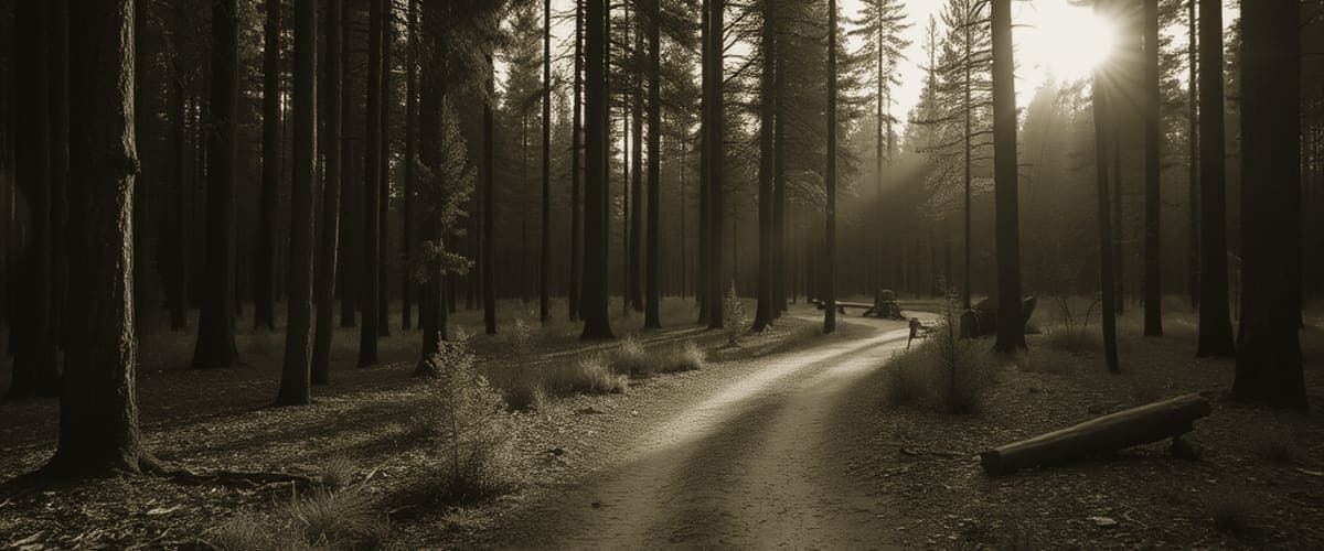 Forested backcountry trail at dawn.