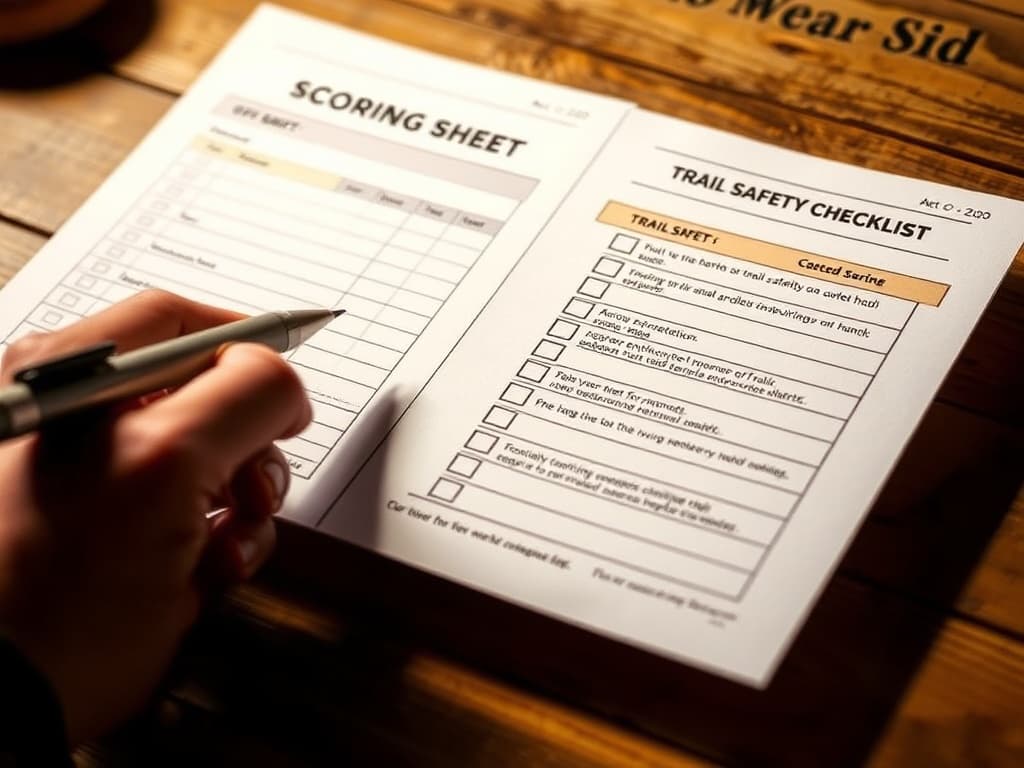 Close-up of the Off-Grid Buyer Bundle — a hand marking a red-flag row in the workbook portion of the bound bundle.