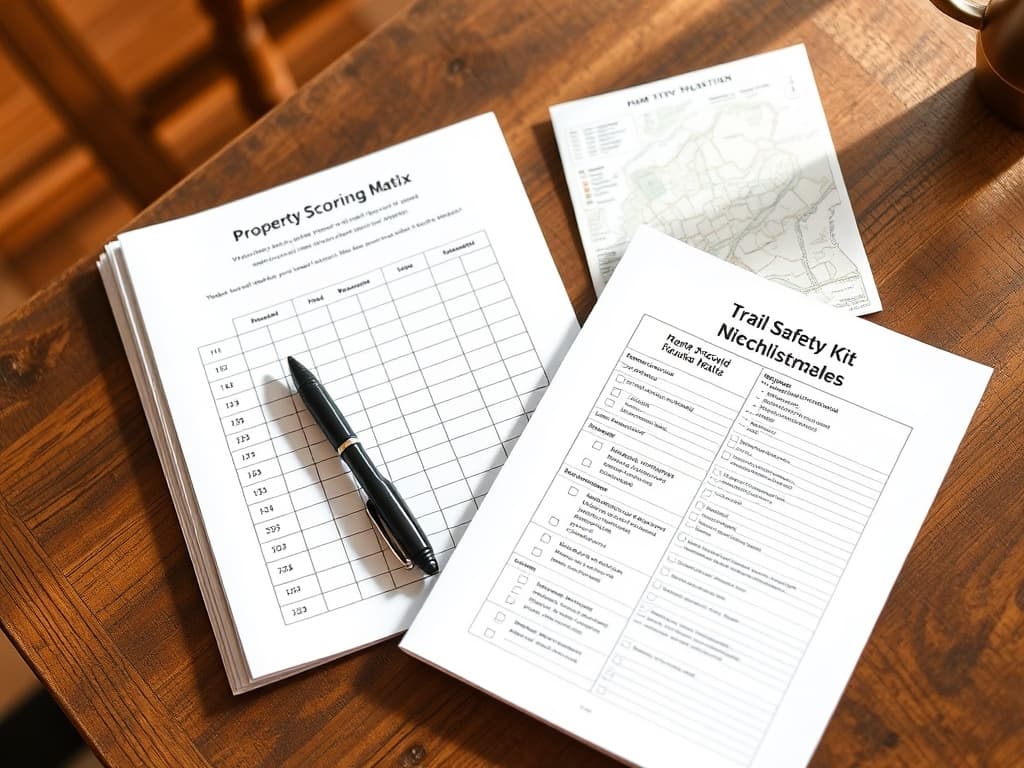 Off-Grid Buyer Bundle spread on a kitchen table — the Property Scout Workbook and Family Trail Safety Kit bound together as one printable packet, ready for active land-buyer research.