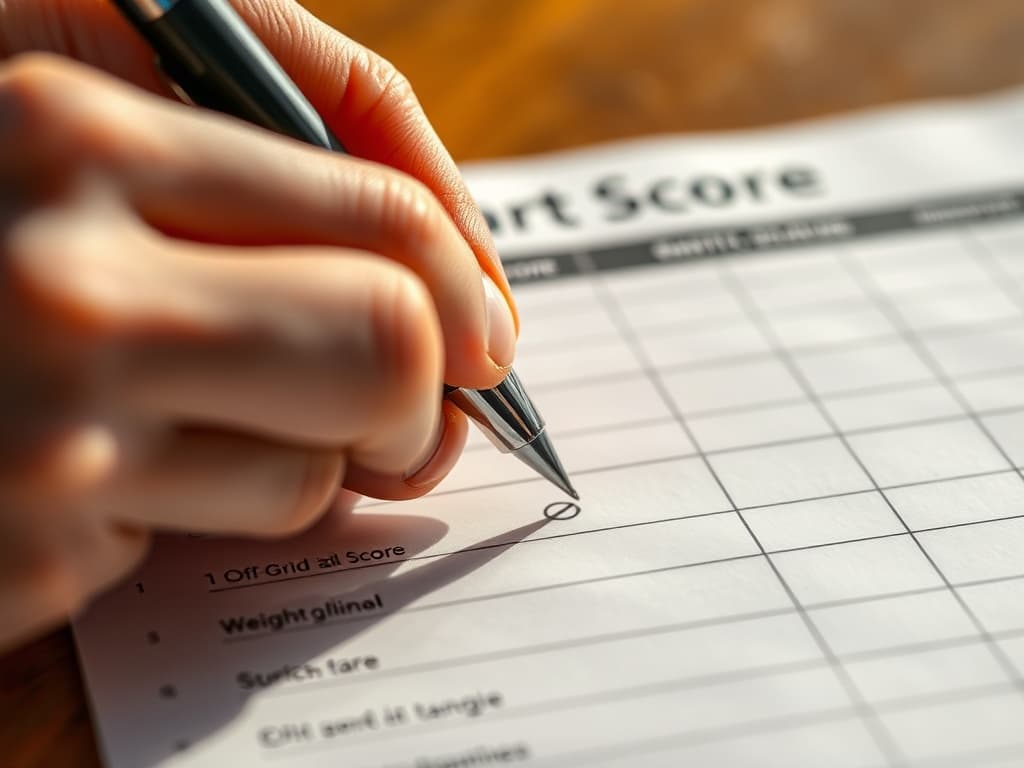 Close-up of the Off-Grid Property Criteria Scoring Sheet — a hand recording the total score after scoring all twelve categories.