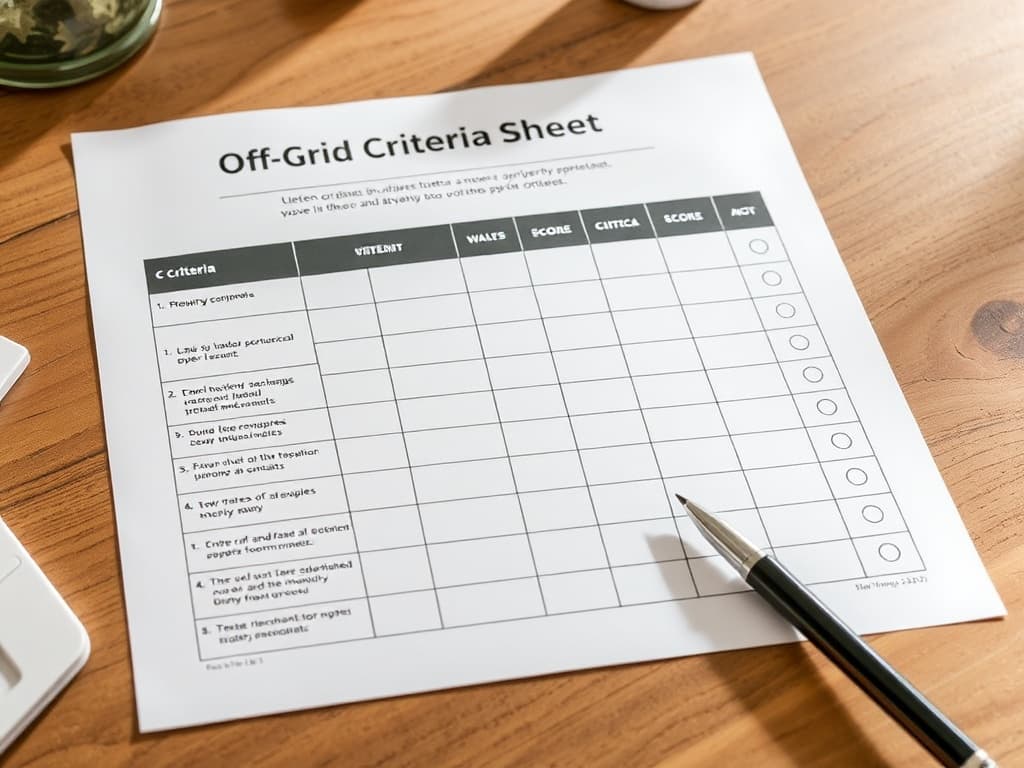 Off-Grid Property Criteria Scoring Sheet on a clipboard at a rural parcel viewing — twelve categories ready to score the property in front of you.