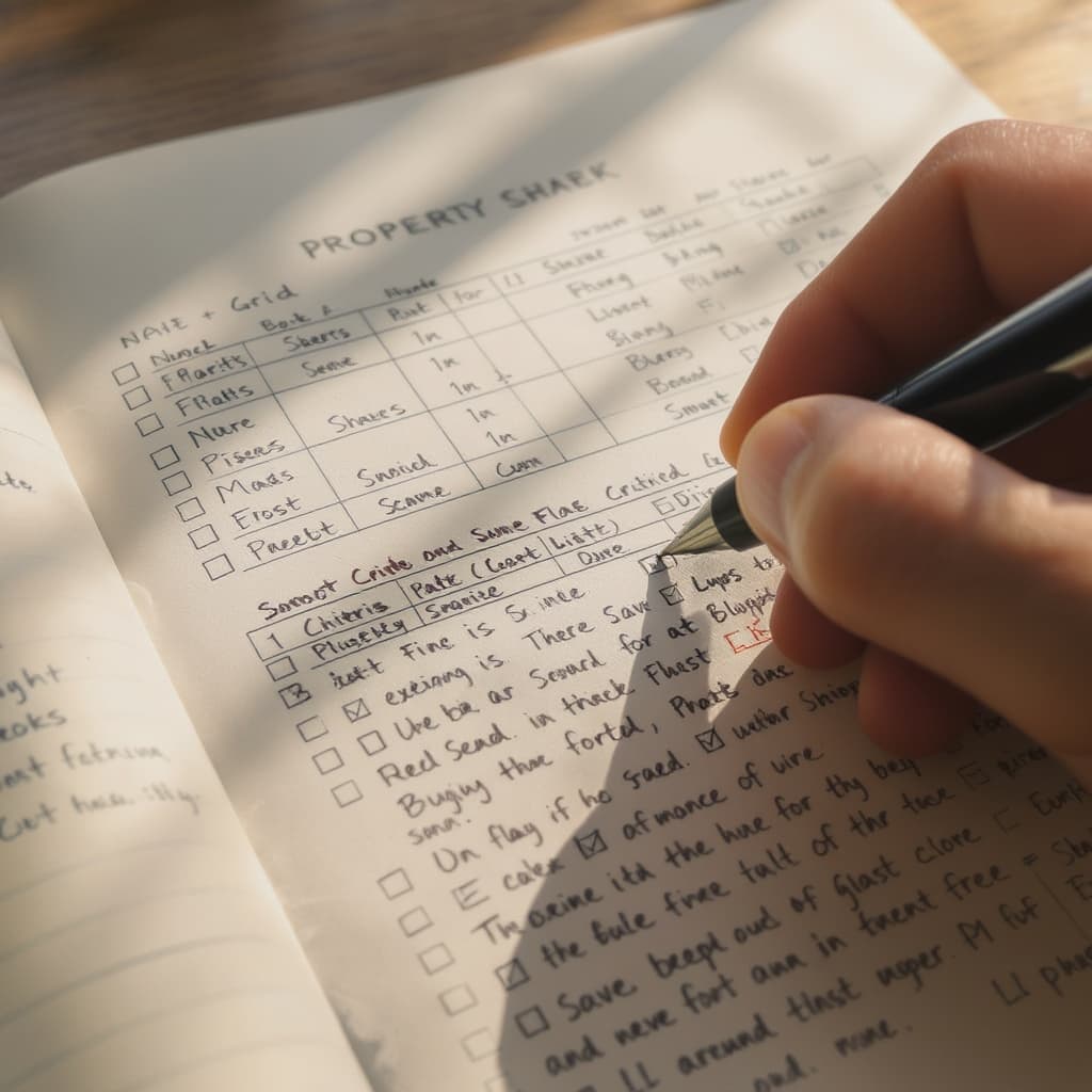 Close-up of the Off-Grid Property Scout Workbook — a hand filling in the 1–5 score column on the criteria scoring sheet.