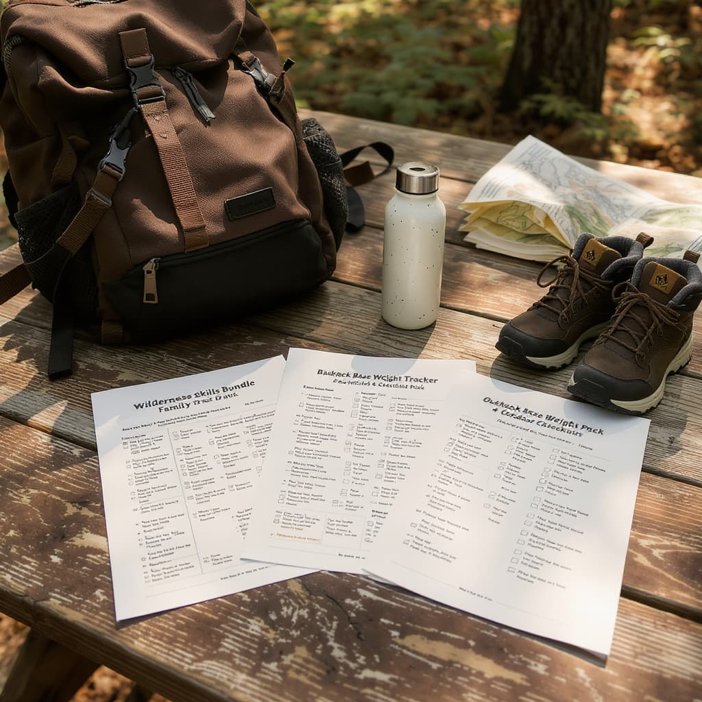 Wilderness Skills Bundle packet spread on a forest picnic table — three printable A4 PDFs (Family Trail Safety Kit, Backpack Base Weight Tracker, Outdoor Activity Checklist Pack) ready for a backcountry trip.